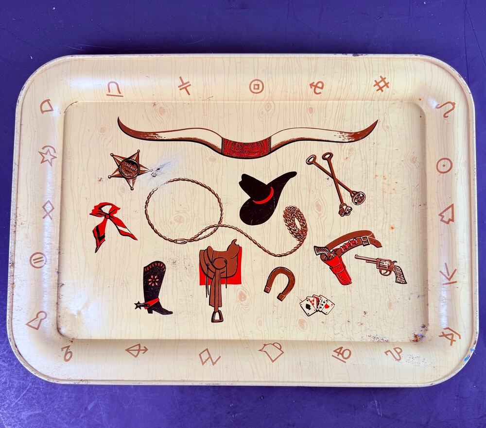 Rare Vintage Metal Serving Tray Cowboy Western Rodeo MCM Beverage Food 18"
